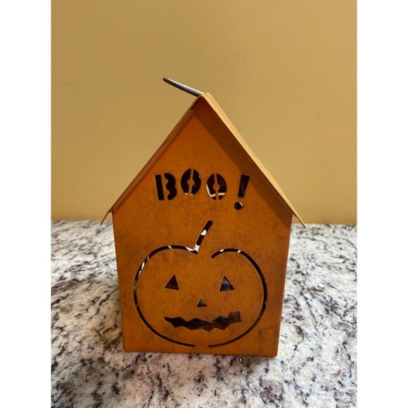 Metal ‘BOO!’ Pumpkin Lantern Candle Holder Rustic Halloween Table Décor - Picture 6 of 7